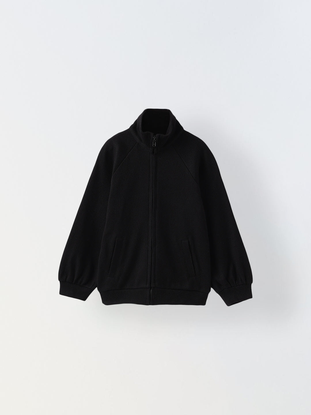 Solid High Neck Jacket – Black | Cotton Knit, Regular Fit