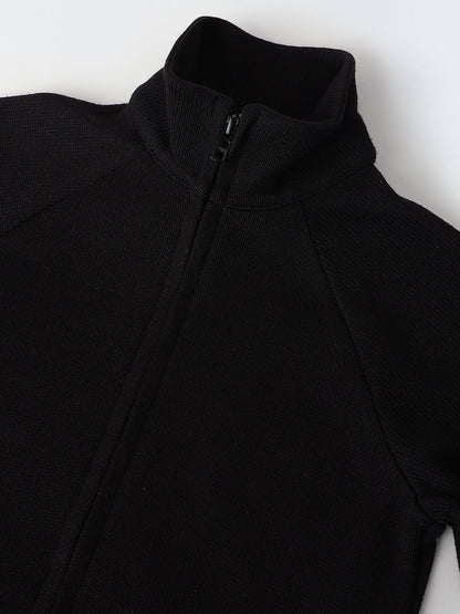 Solid High Neck Jacket – Black | Cotton Knit, Regular Fit