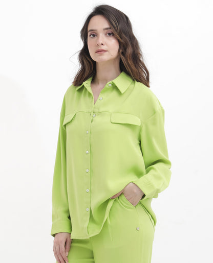 Rareism Women Sergey Green Polyester Fabric Full Sleeves Button Closure Collared Neck Cuffed Sleeve Regular Fit Plain Shirt