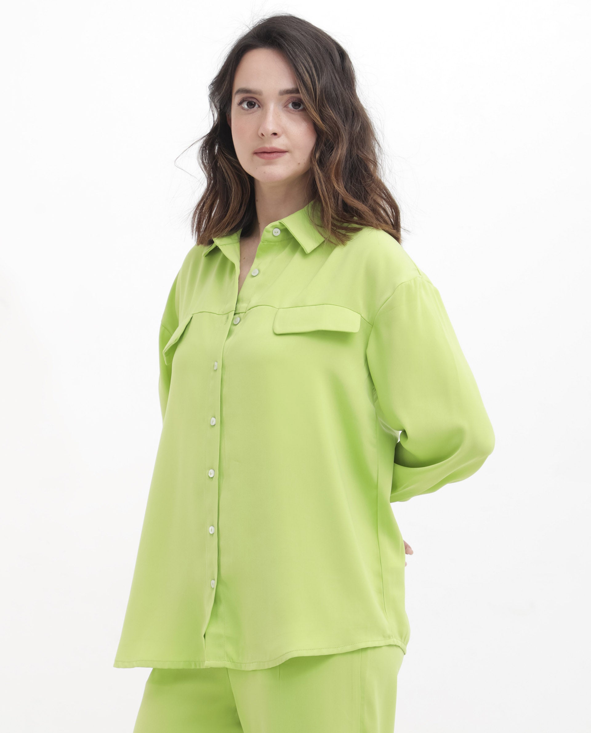 Rareism Women Sergey Green Polyester Fabric Full Sleeves Button Closure Collared Neck Cuffed Sleeve Regular Fit Plain Shirt