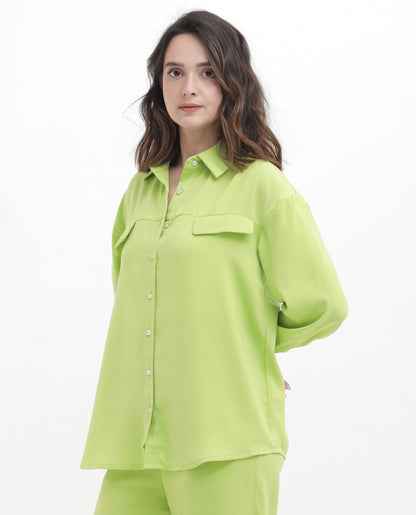 Rareism Women Sergey Green Polyester Fabric Full Sleeves Button Closure Collared Neck Cuffed Sleeve Regular Fit Plain Shirt