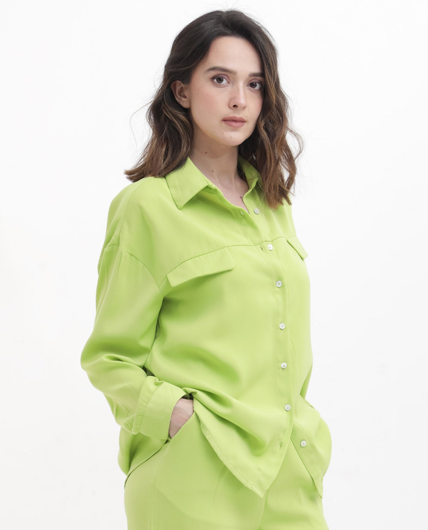 Rareism Women Sergey Green Polyester Fabric Full Sleeves Button Closure Collared Neck Cuffed Sleeve Regular Fit Plain Shirt