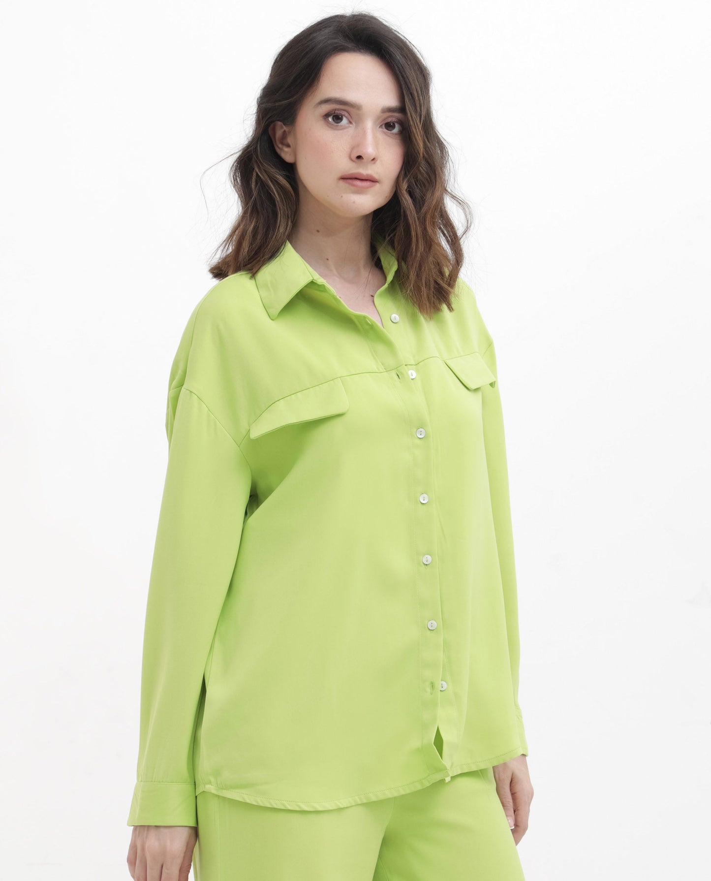 Rareism Women Sergey Green Polyester Fabric Full Sleeves Button Closure Collared Neck Cuffed Sleeve Regular Fit Plain Shirt