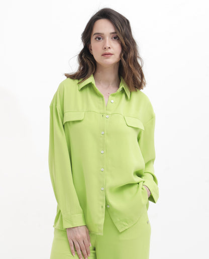 Rareism Women Sergey Green Polyester Fabric Full Sleeves Button Closure Collared Neck Cuffed Sleeve Regular Fit Plain Shirt