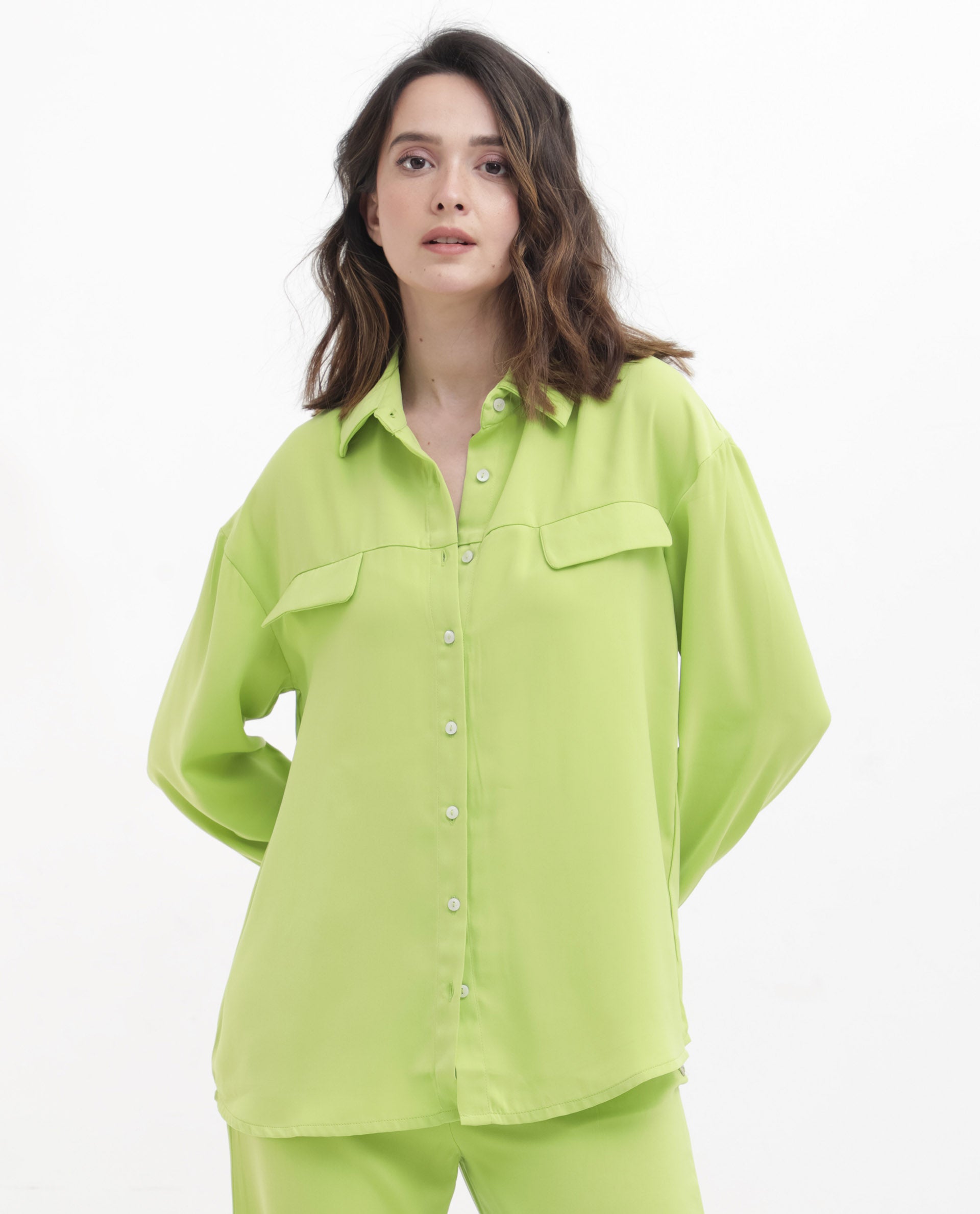 Rareism Women Sergey Green Polyester Fabric Full Sleeves Button Closure Collared Neck Cuffed Sleeve Regular Fit Plain Shirt