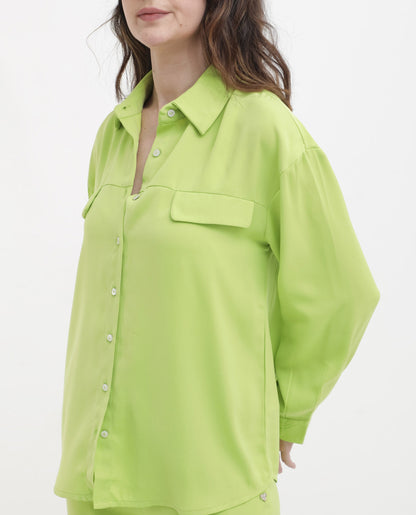 Rareism Women Sergey Green Polyester Fabric Full Sleeves Button Closure Collared Neck Cuffed Sleeve Regular Fit Plain Shirt