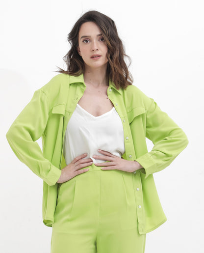 Rareism Women Sergey Green Polyester Fabric Full Sleeves Button Closure Collared Neck Cuffed Sleeve Regular Fit Plain Shirt