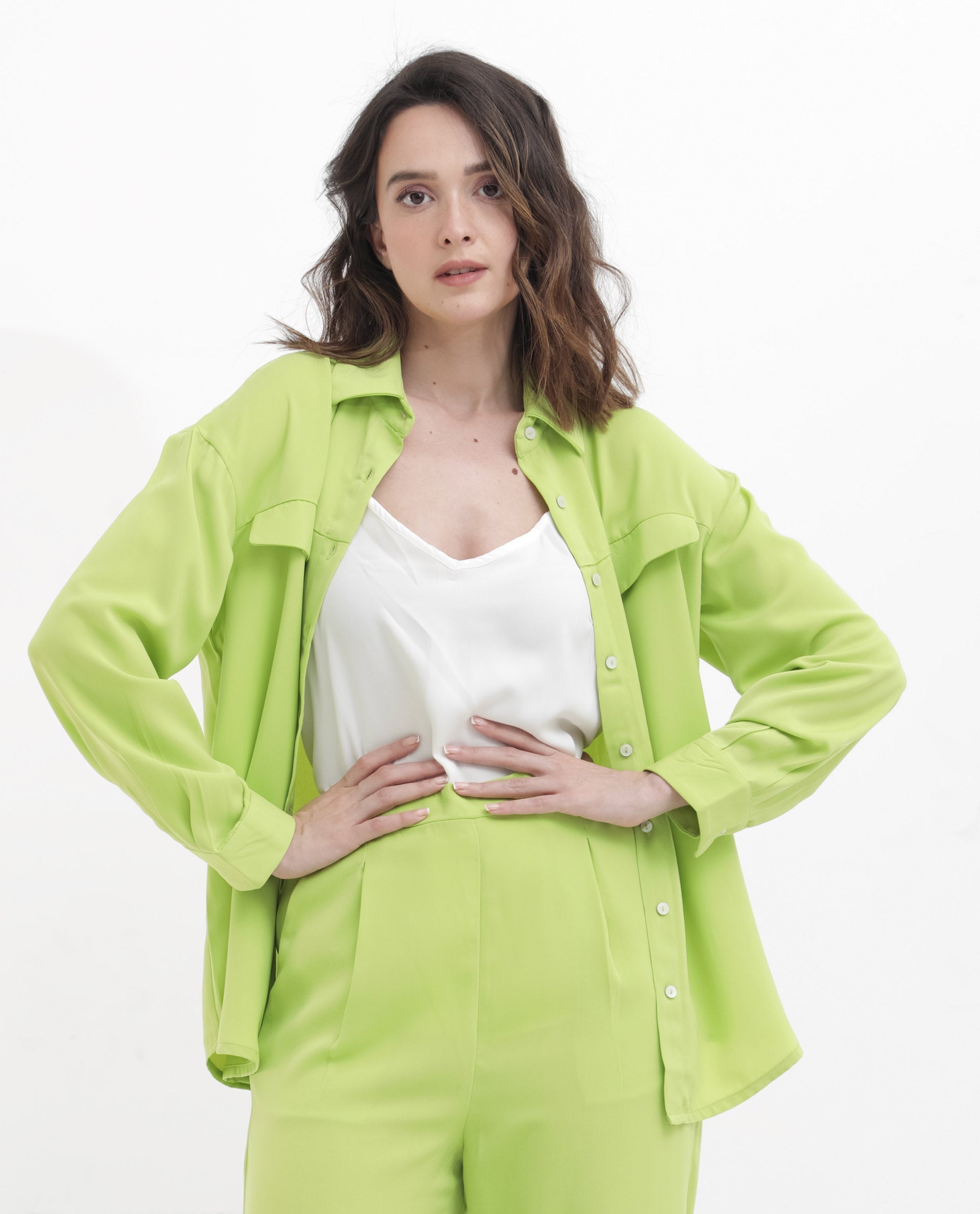 Rareism Women Sergey Green Polyester Fabric Full Sleeves Button Closure Collared Neck Cuffed Sleeve Regular Fit Plain Shirt