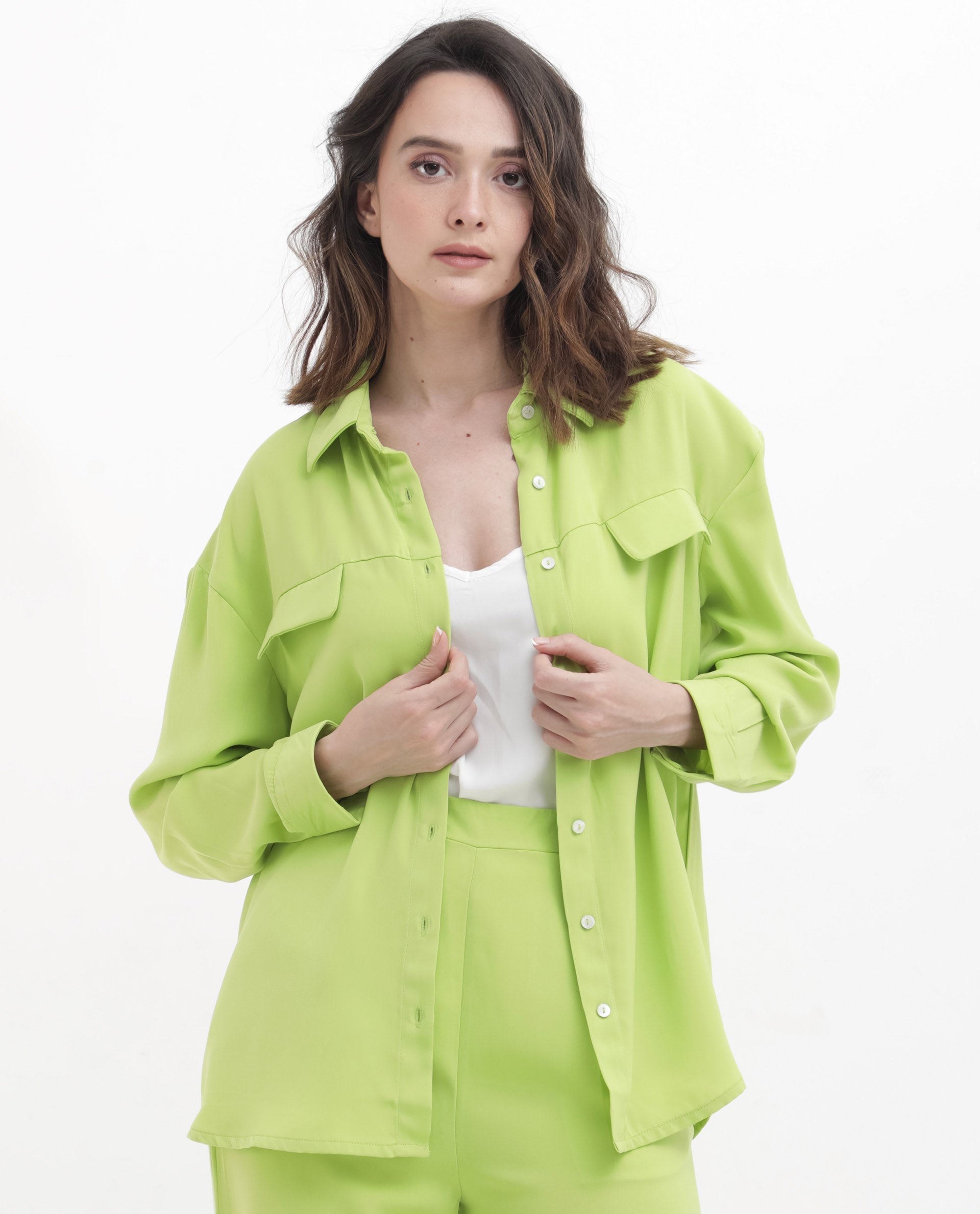 Rareism Women Sergey Green Polyester Fabric Full Sleeves Button Closure Collared Neck Cuffed Sleeve Regular Fit Plain Shirt