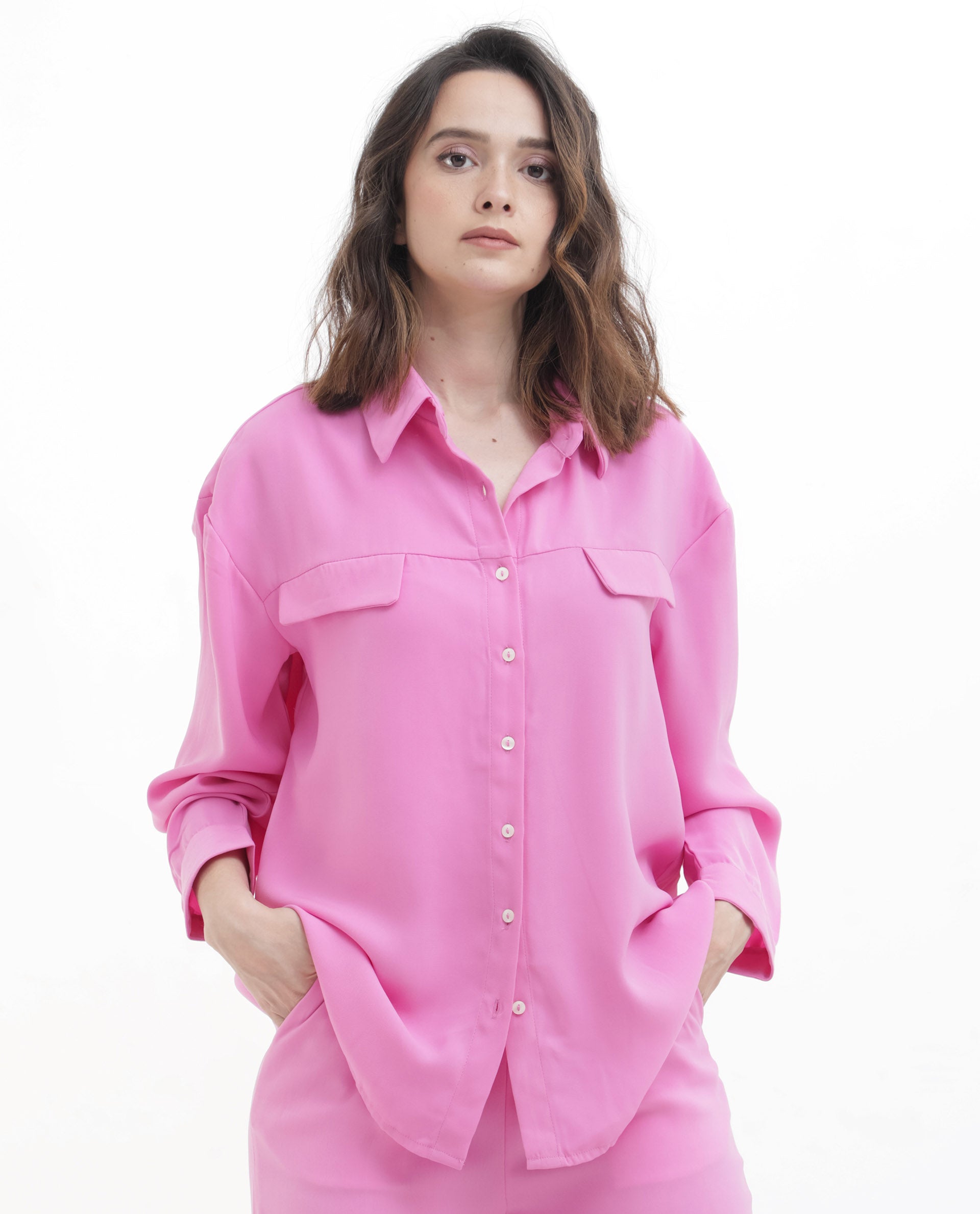 Rareism Women Sergey Pink Polyester Fabric Full Sleeves Button Closure Collared Neck Cuffed Sleeve Regular Fit Plain Shirt