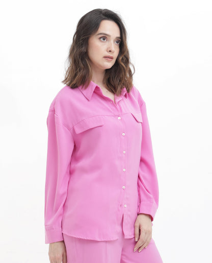 Rareism Women Sergey Pink Polyester Fabric Full Sleeves Button Closure Collared Neck Cuffed Sleeve Regular Fit Plain Shirt