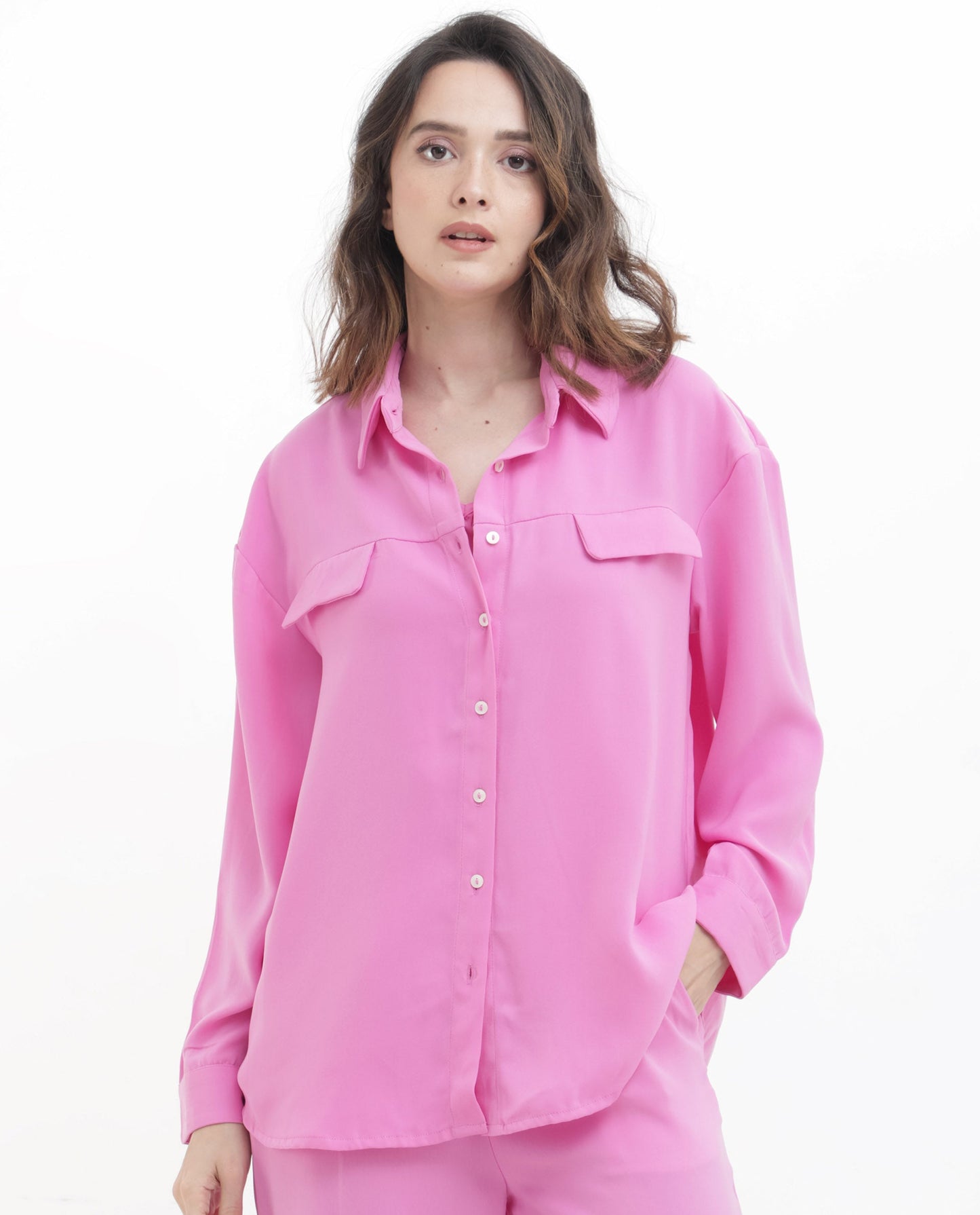 Rareism Women Sergey Pink Polyester Fabric Full Sleeves Button Closure Collared Neck Cuffed Sleeve Regular Fit Plain Shirt