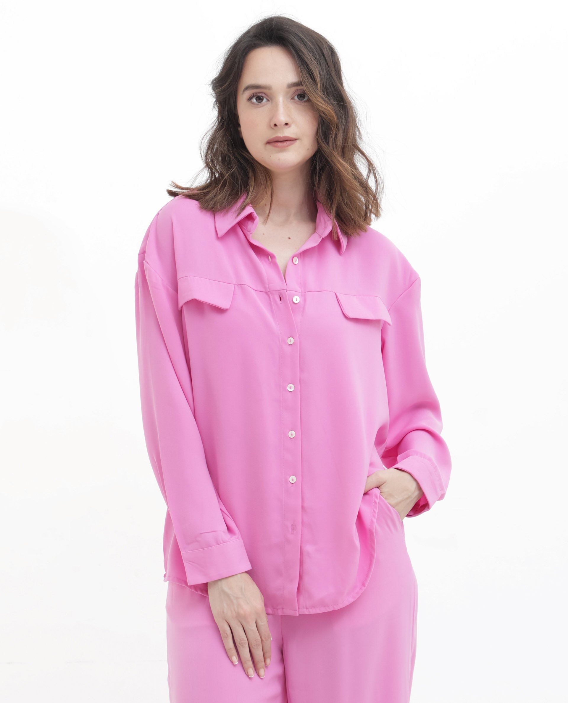 Rareism Women Sergey Pink Polyester Fabric Full Sleeves Button Closure Collared Neck Cuffed Sleeve Regular Fit Plain Shirt