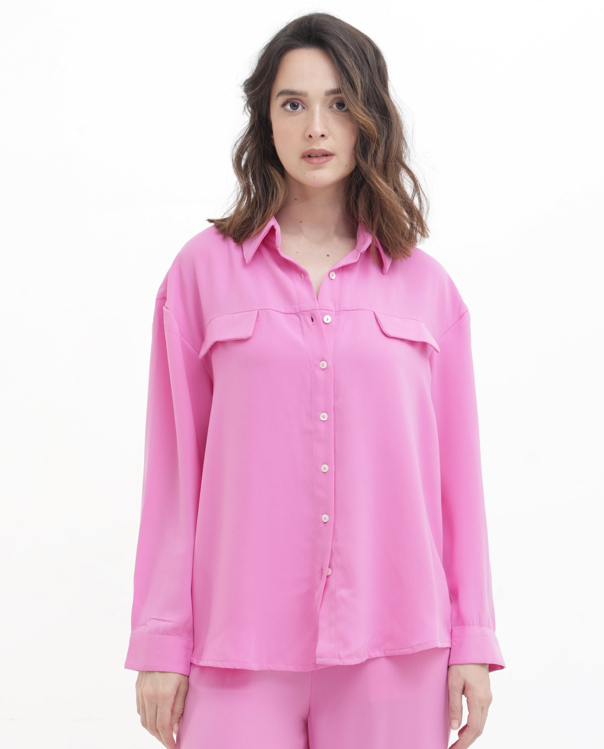 Rareism Women Sergey Pink Polyester Fabric Full Sleeves Button Closure Collared Neck Cuffed Sleeve Regular Fit Plain Shirt