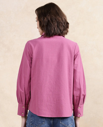 Rareism Women Severo Pink Cotton Fabric Cuffed Sleeve Collared Neck Button Closure Plain Top