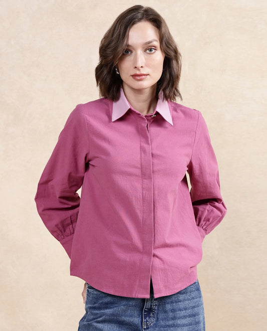 Rareism Women Severo Pink Cotton Fabric Cuffed Sleeve Collared Neck Button Closure Plain Top