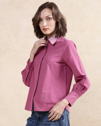 Rareism Women Severo Pink Cotton Fabric Cuffed Sleeve Collared Neck Button Closure Plain Top