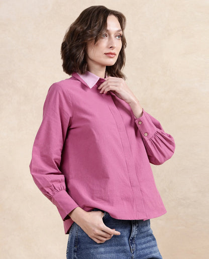 Rareism Women Severo Pink Cotton Fabric Cuffed Sleeve Collared Neck Button Closure Plain Top