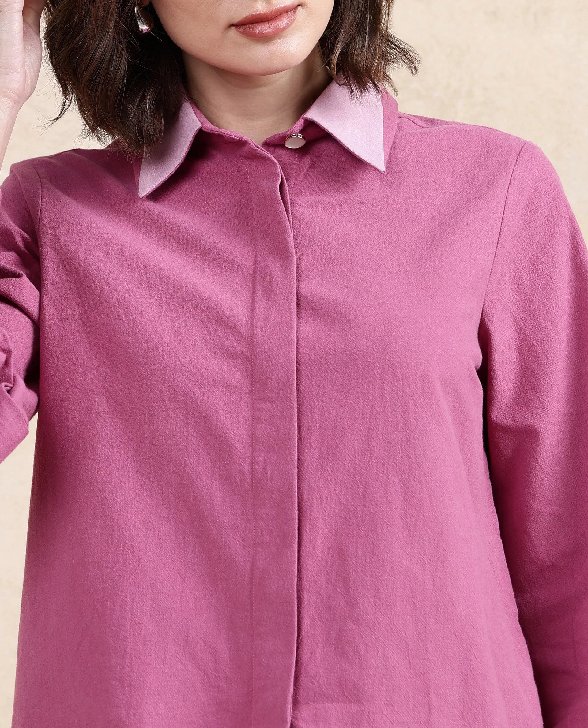 Rareism Women Severo Pink Cotton Fabric Cuffed Sleeve Collared Neck Button Closure Plain Top