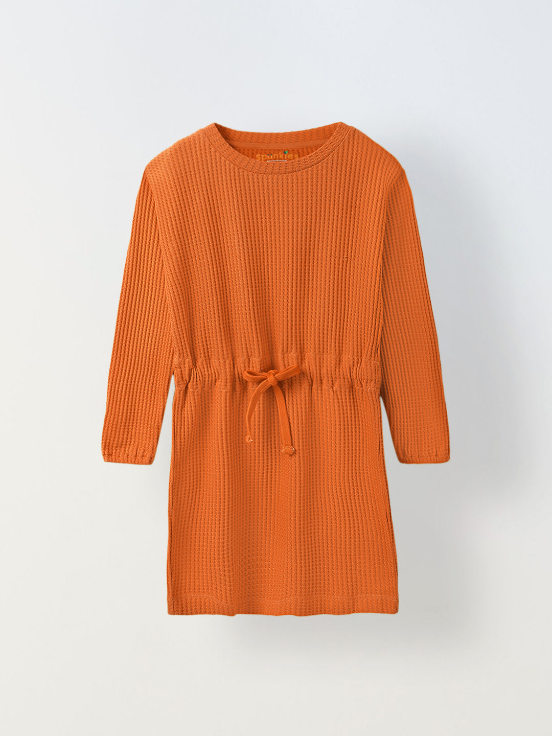 Spunkies Cotton Honey Combed Waffle Knit Solid Regular Casual Wear Dress Girls Full Sleeve Rust Soft Fabric