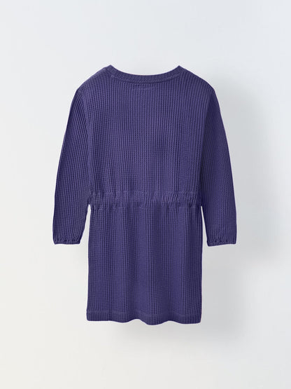 Spunkies Cotton Honey Combed Waffle Knit Solid Regular Casual Wear Dress Girls Full Sleeve Blue Soft Fabric