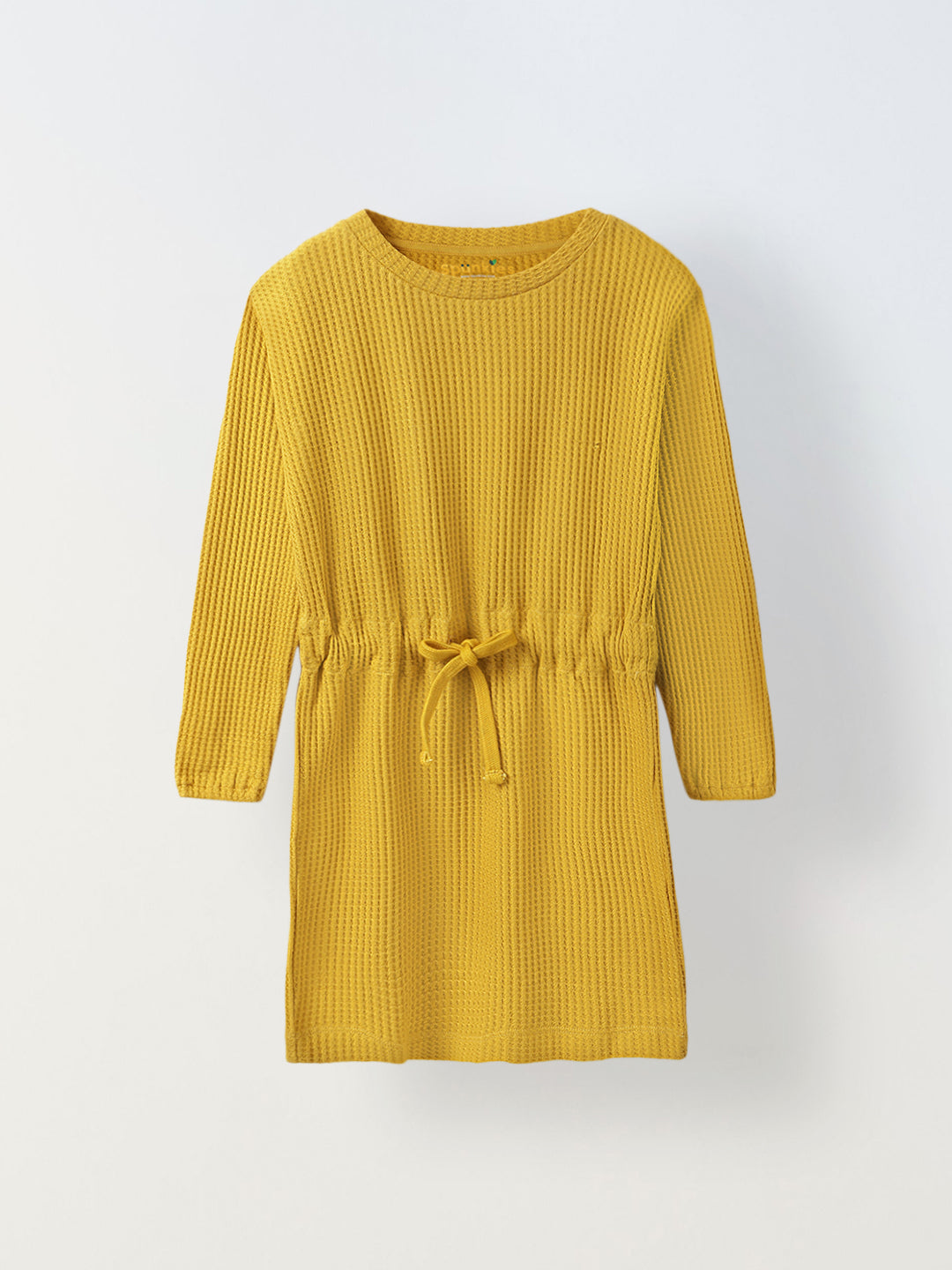 Spunkies Cotton Honey Combed Waffle Knit Solid Regular Casual Wear Dress Girls Full Sleeve Yellow Soft Fabric