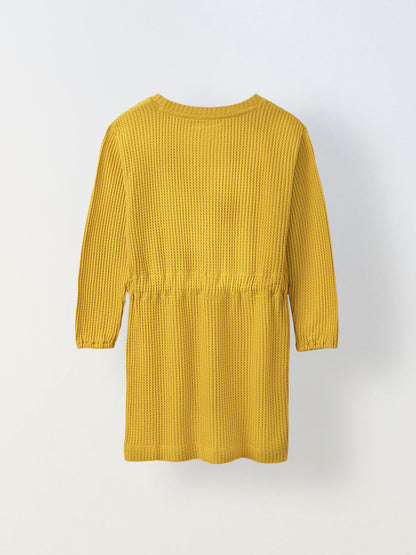 Spunkies Cotton Honey Combed Waffle Knit Solid Regular Casual Wear Dress Girls Full Sleeve Yellow Soft Fabric