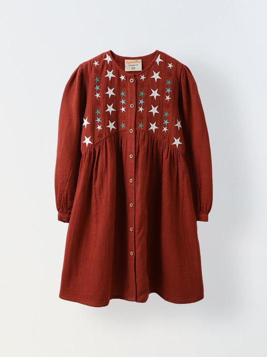 Spunkies Cotton Gauze Knit Embroidery Regular Casual Wear Dress Girls Full Sleeve Rust Soft Fabric