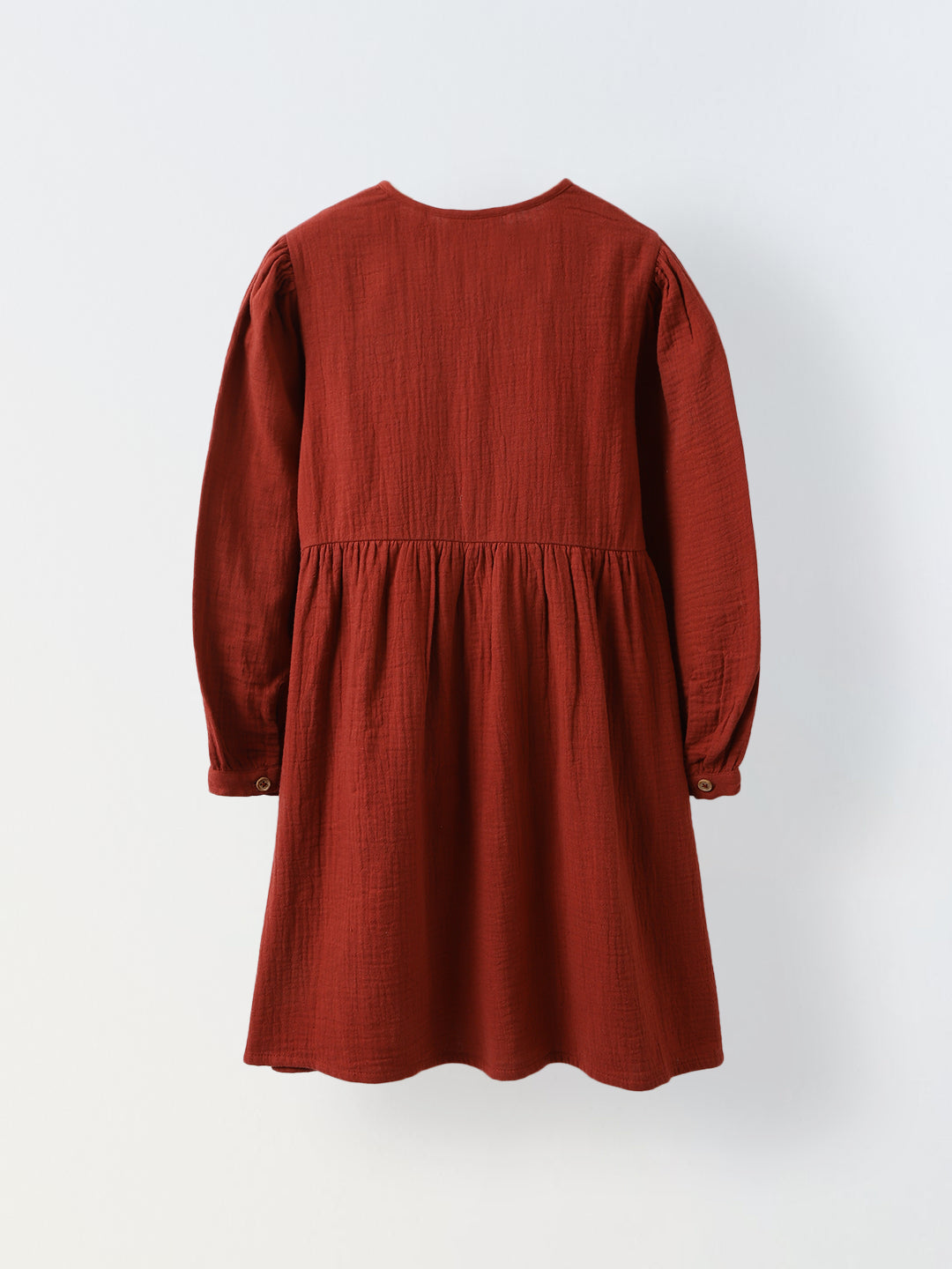 Spunkies Cotton Gauze Knit Embroidery Regular Casual Wear Dress Girls Full Sleeve Rust Soft Fabric