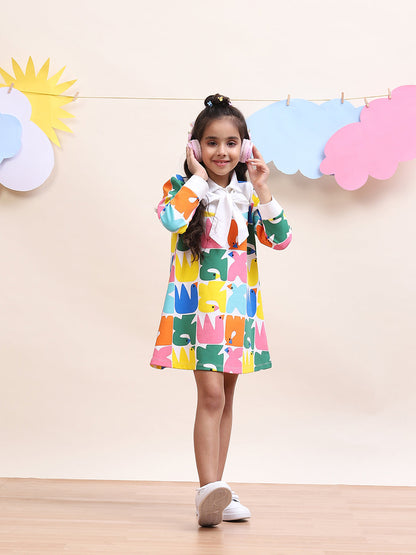 Kids Multicolor Printed Dress with Bow-Tie Accent