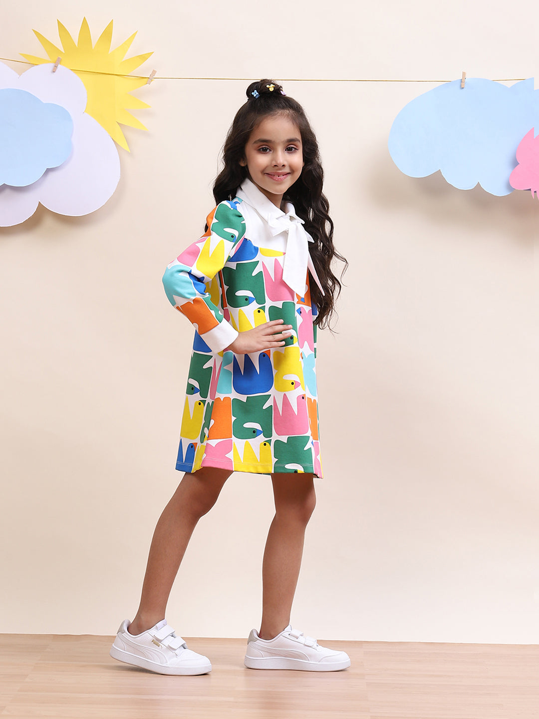 Kids Multicolor Printed Dress with Bow-Tie Accent