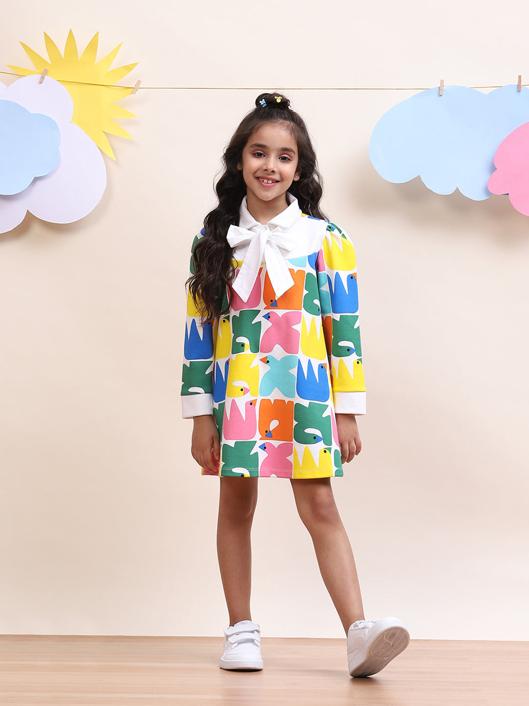 Kids Multicolor Printed Dress with Bow-Tie Accent