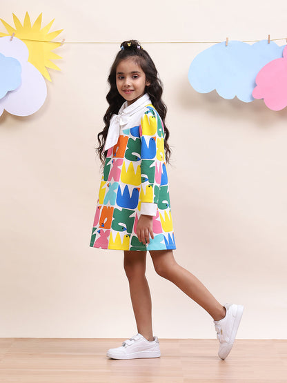 Kids Multicolor Printed Dress with Bow-Tie Accent