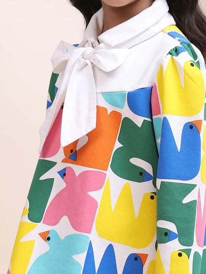 Kids Multicolor Printed Dress with Bow-Tie Accent