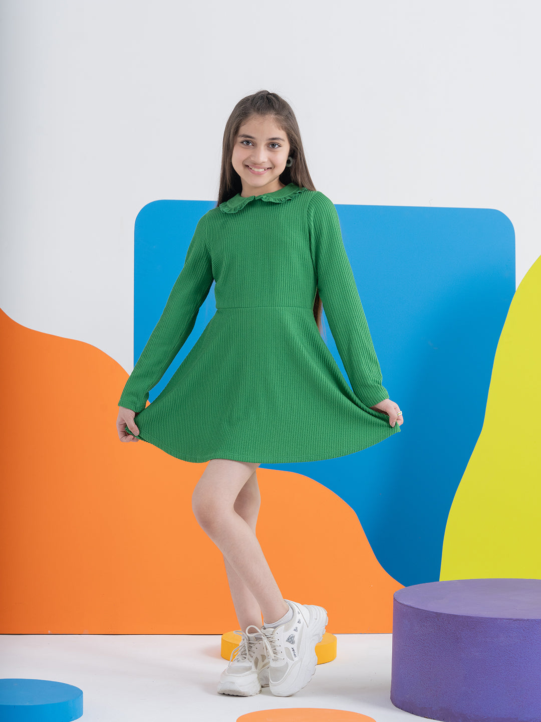 Green Wavy Seersucker Dress with Peter Pan Collars