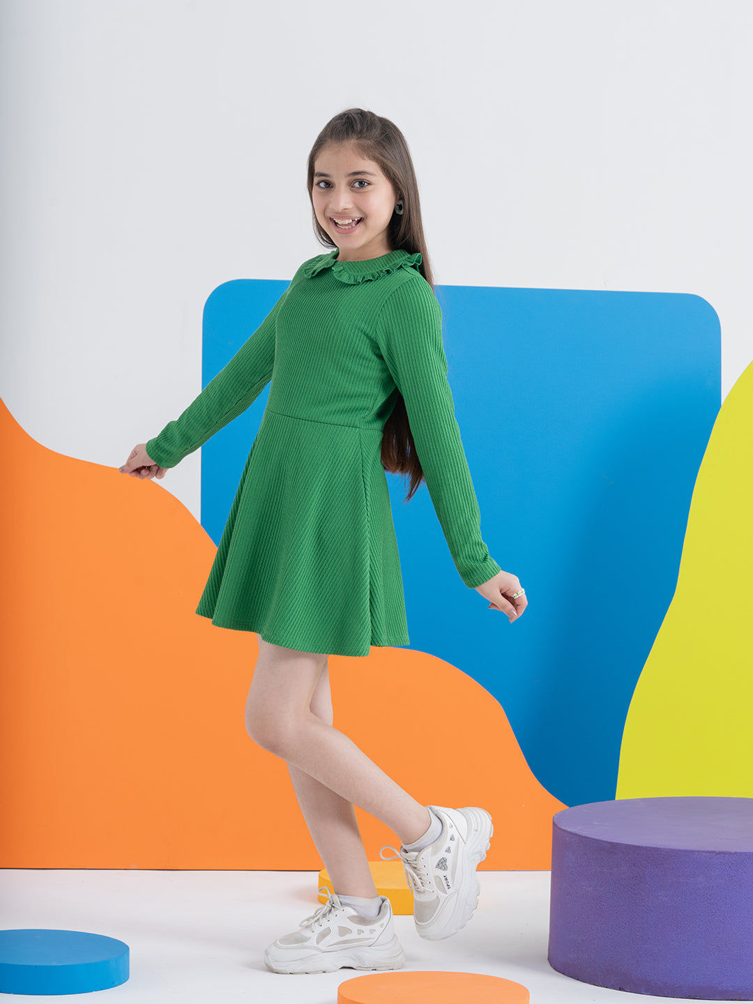 Green Wavy Seersucker Dress with Peter Pan Collars