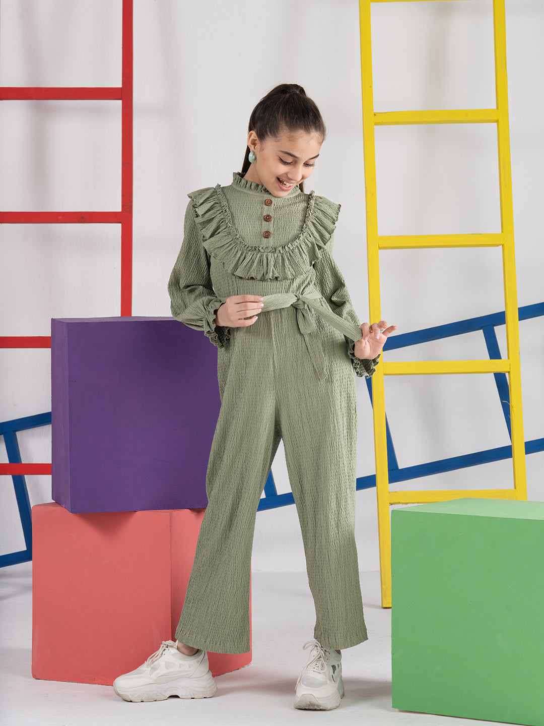 Trendy Green Frill Jumpsuit with Puff Sleeves