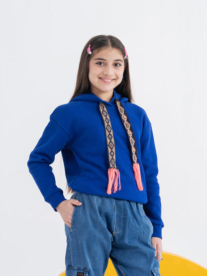 Embellished Blue Girls Hoodie with Woven Tape