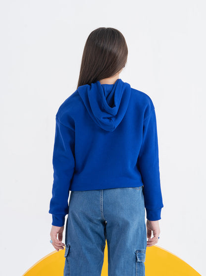 Embellished Blue Girls Hoodie with Woven Tape