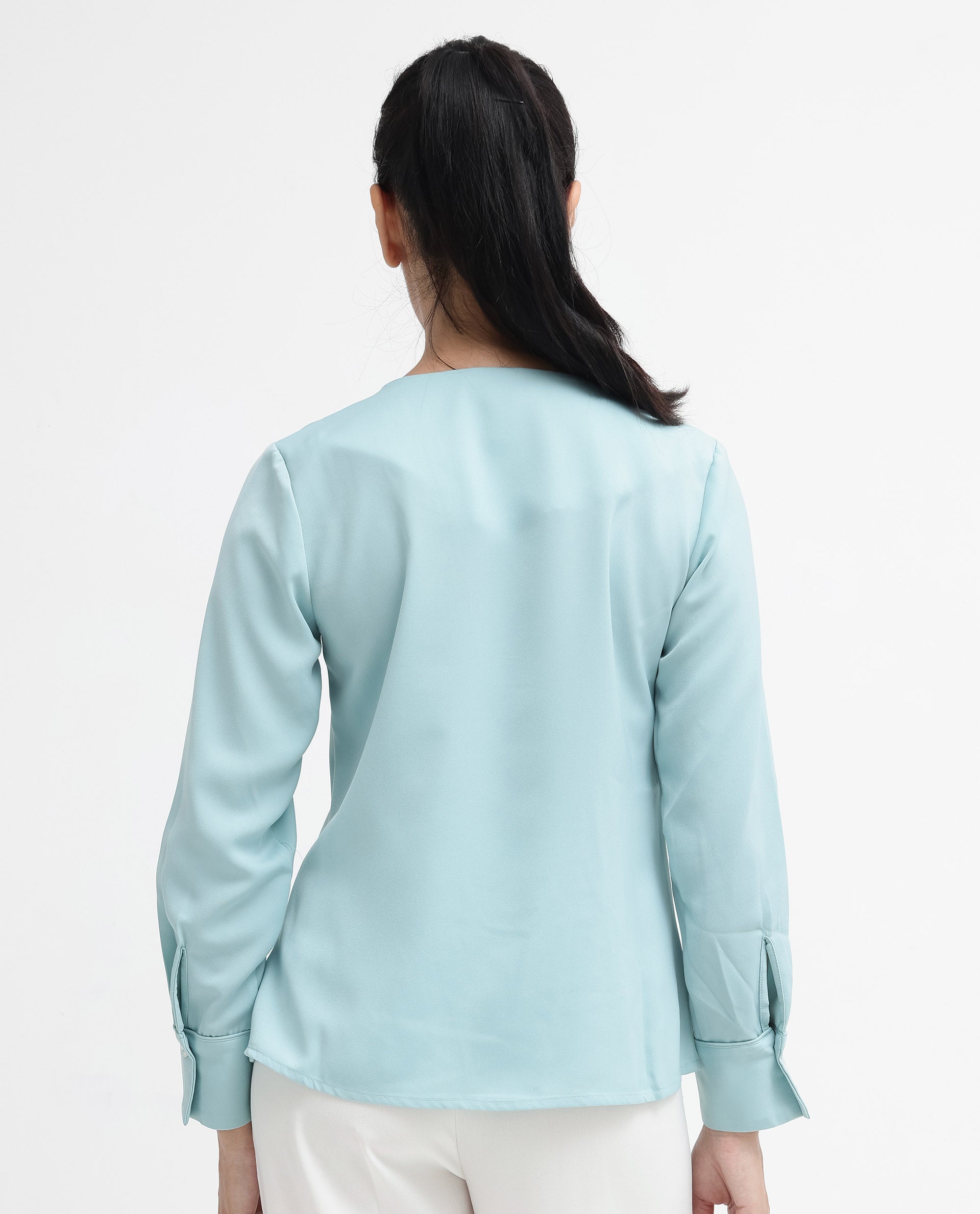 Rareism Women Shami Light Blue Cuffed Sleeve V-Neck Plain Top