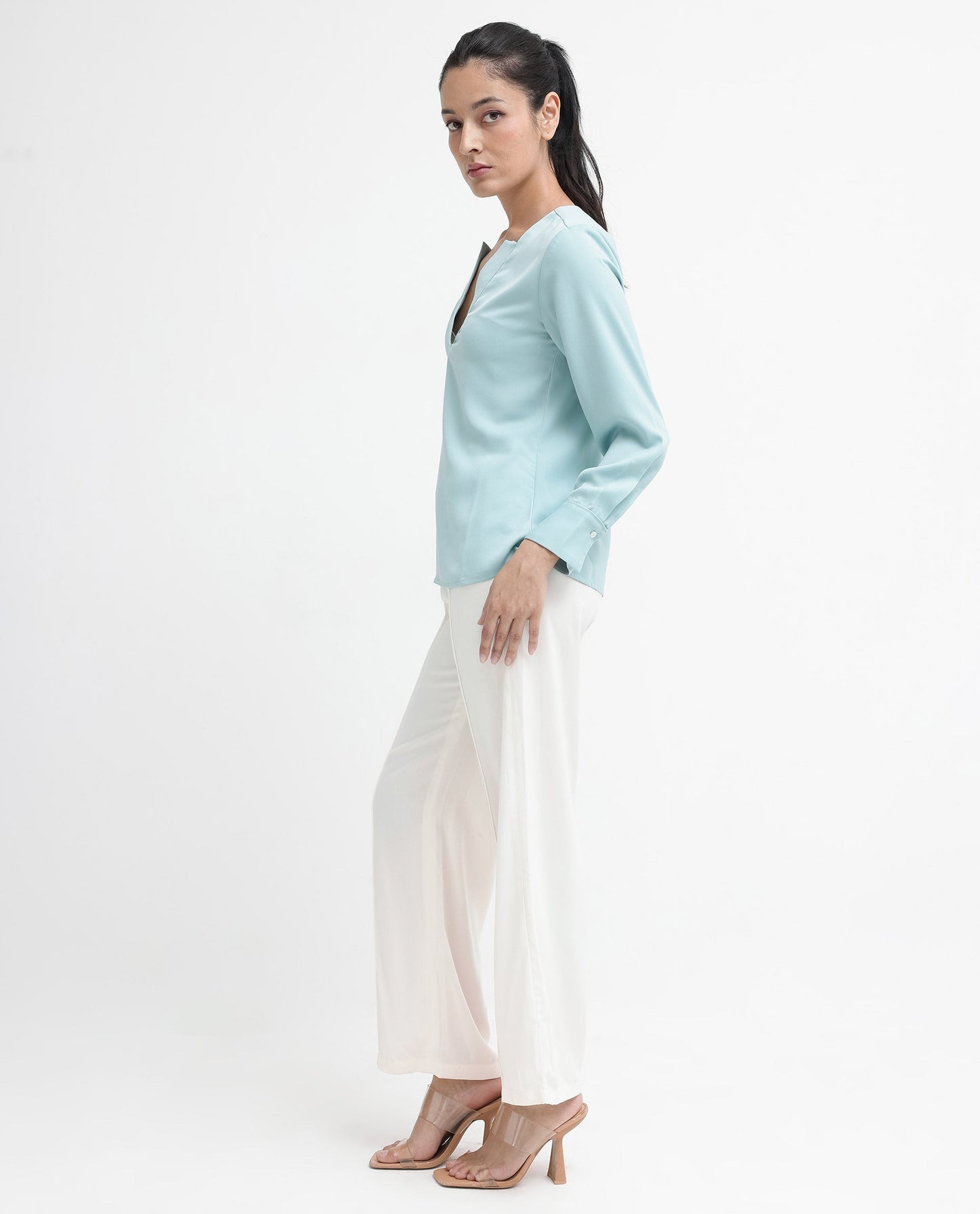 Rareism Women Shami Light Blue Cuffed Sleeve V-Neck Plain Top