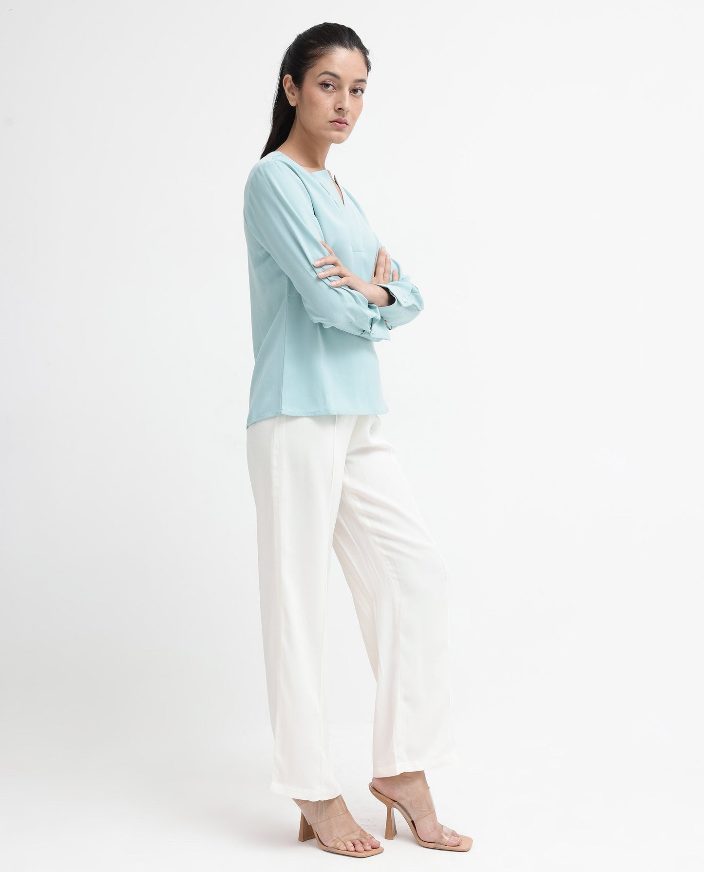 Rareism Women Shami Light Blue Cuffed Sleeve V-Neck Plain Top