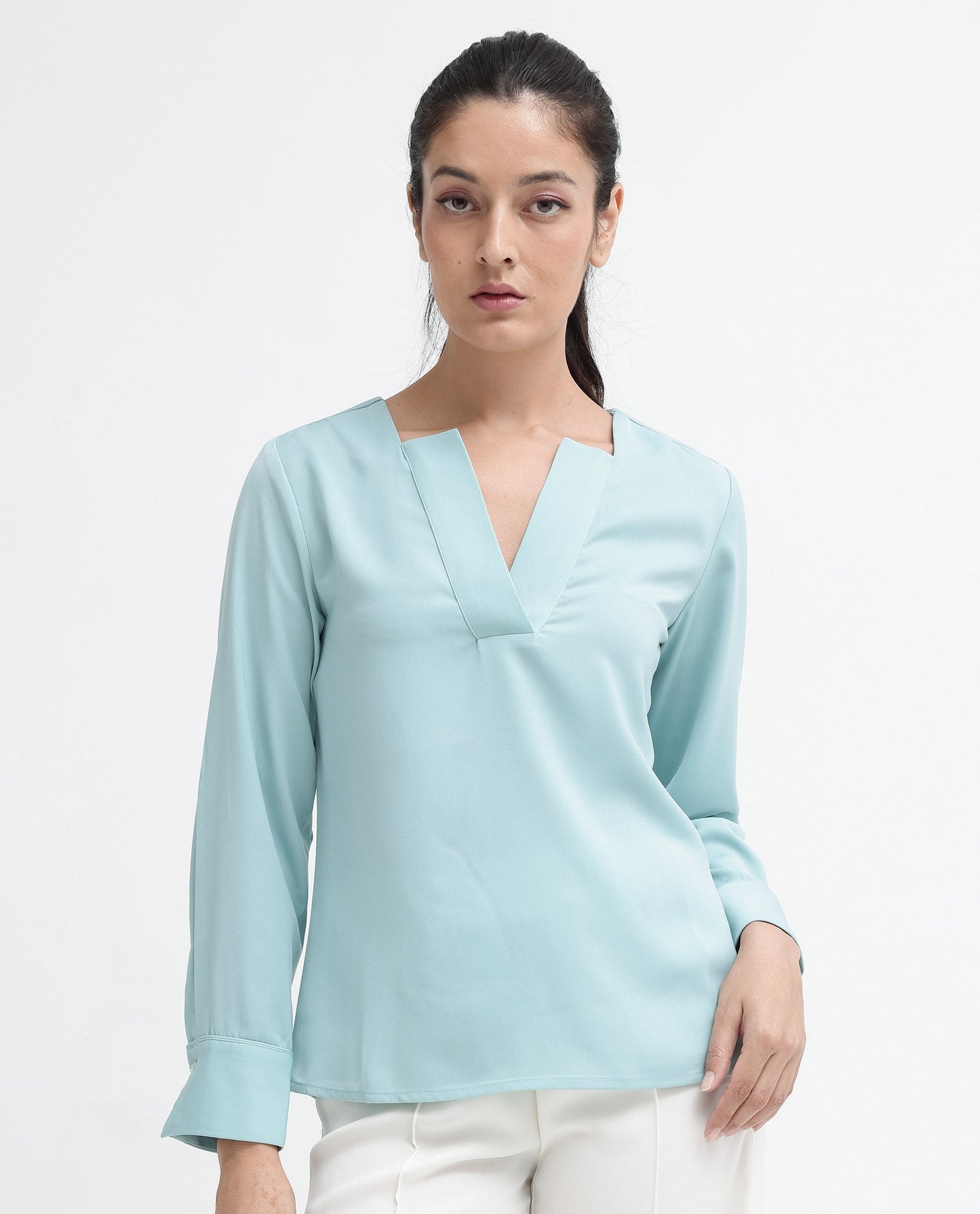 Rareism Women Shami Light Blue Cuffed Sleeve V-Neck Plain Top