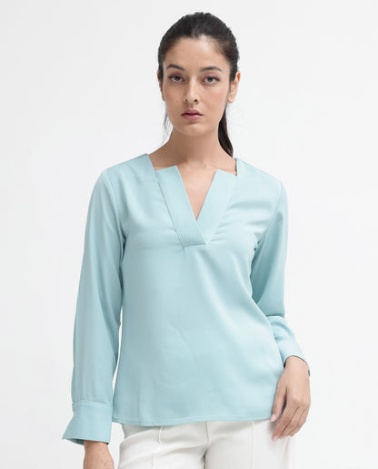 Rareism Women Shami Light Blue Cuffed Sleeve V-Neck Plain Top