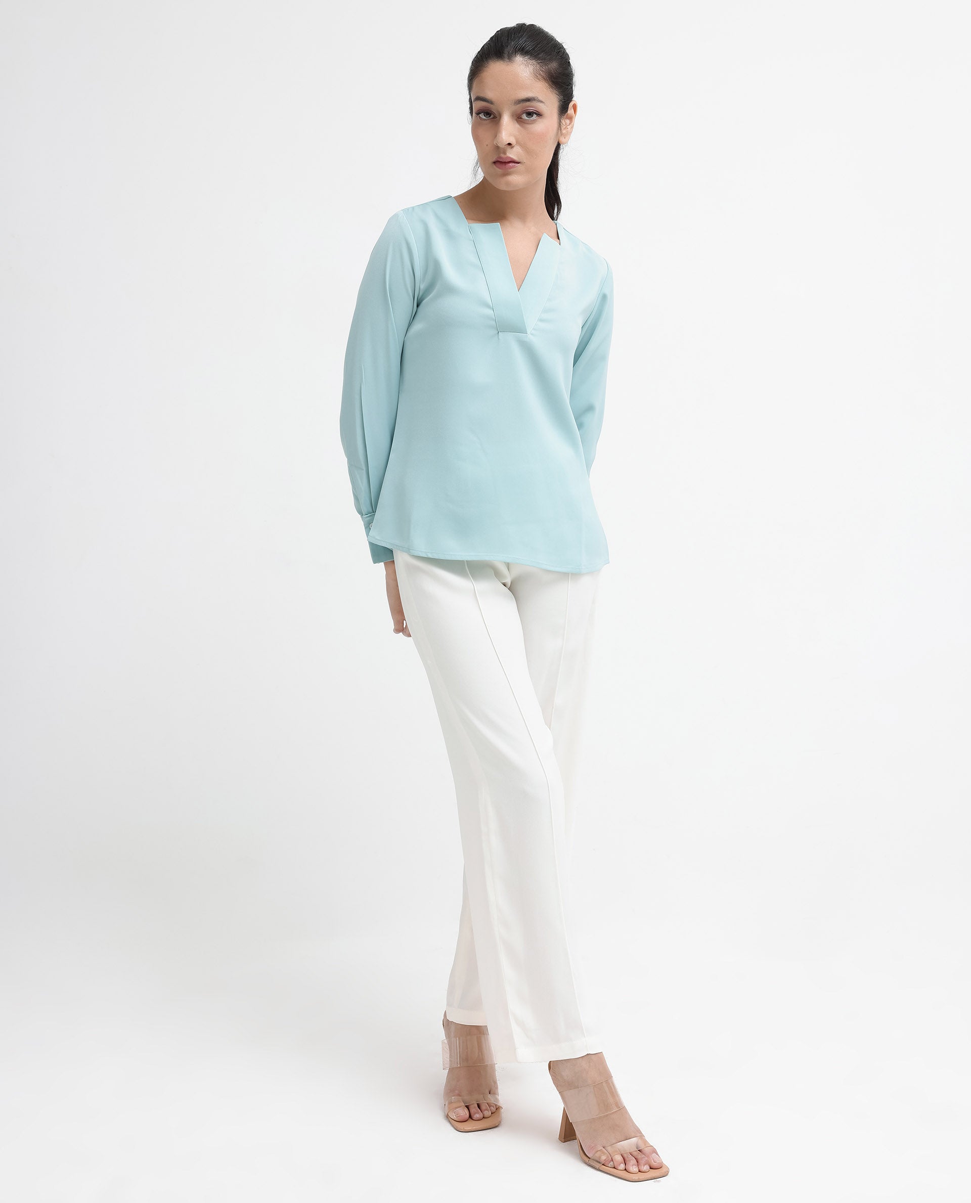 Rareism Women Shami Light Blue Cuffed Sleeve V-Neck Plain Top