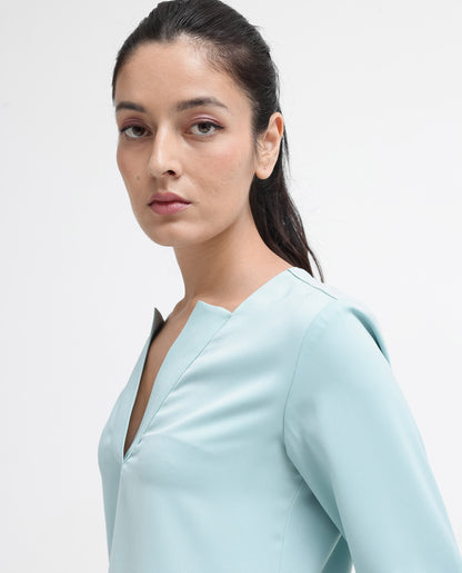 Rareism Women Shami Light Blue Cuffed Sleeve V-Neck Plain Top