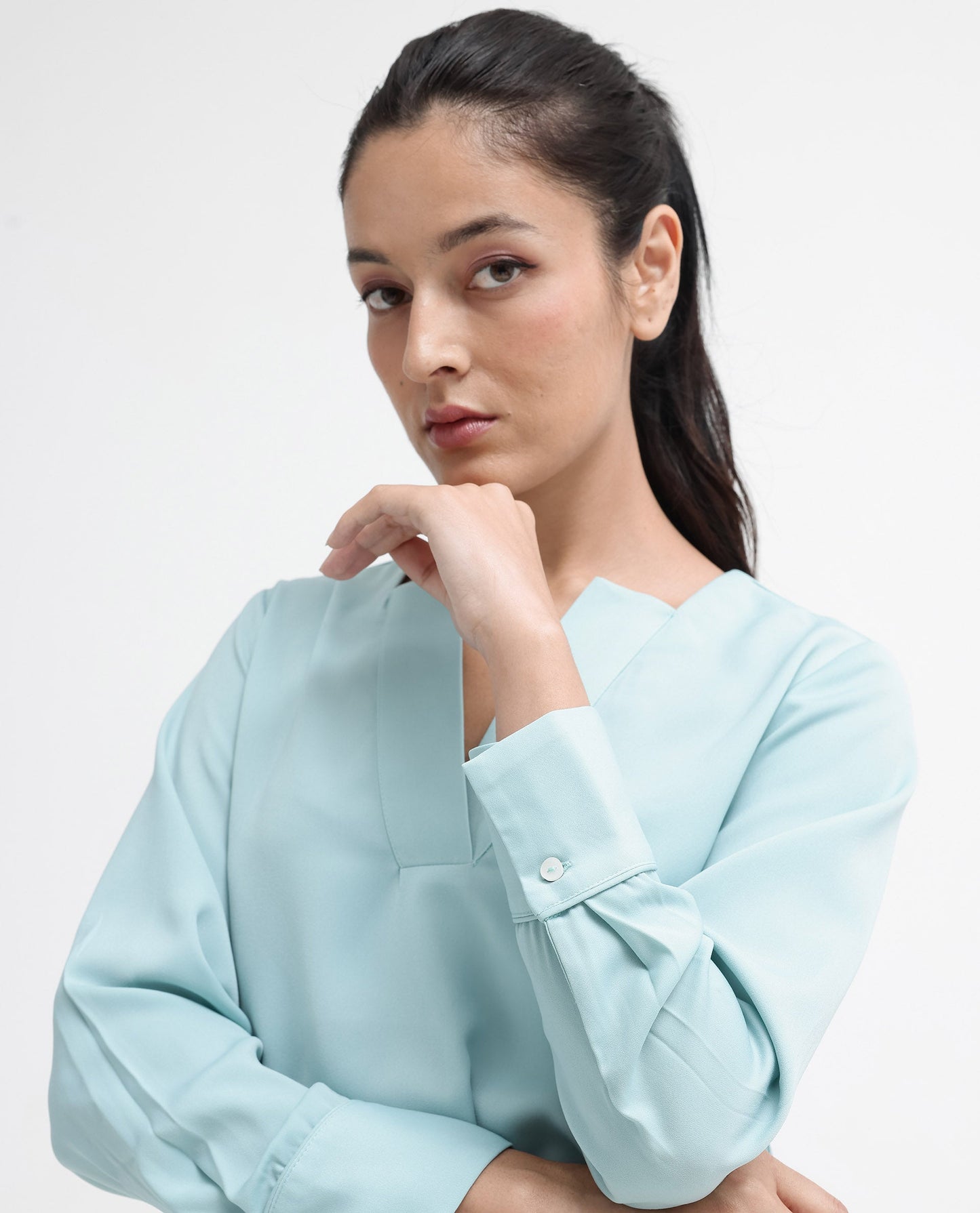 Rareism Women Shami Light Blue Cuffed Sleeve V-Neck Plain Top