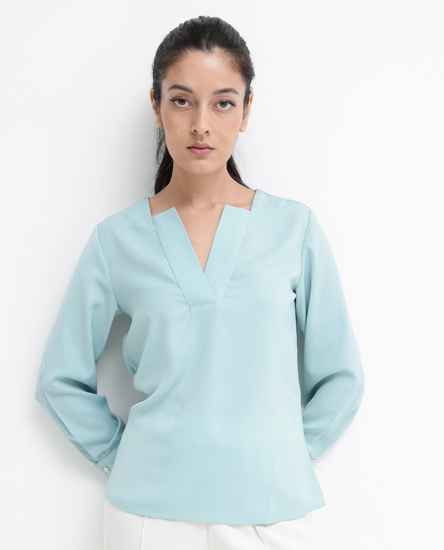 Rareism Women Shami Light Blue Cuffed Sleeve V-Neck Plain Top