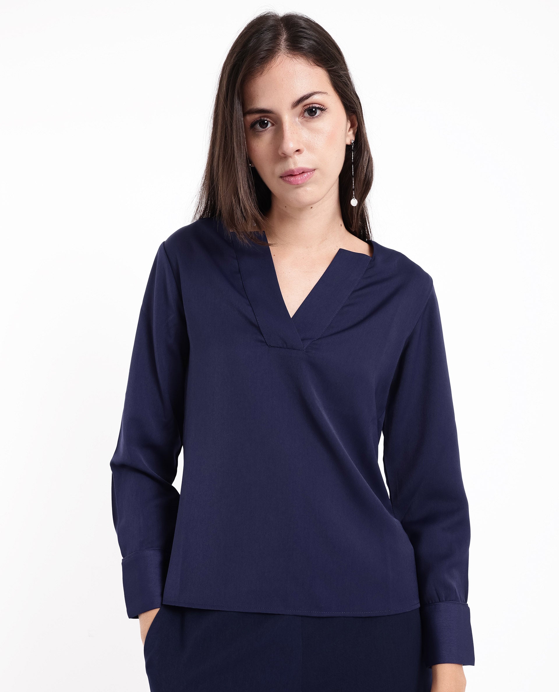 Rareism Women Shami Navy Cuffed Sleeve V-Neck Plain Top