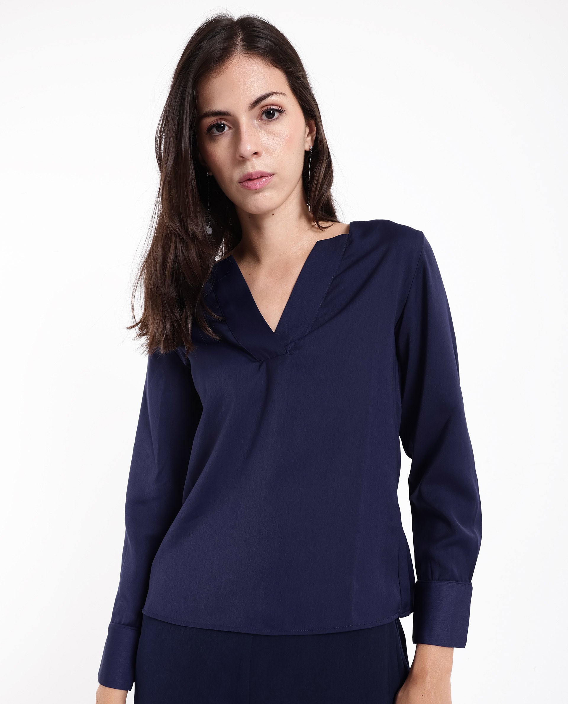 Rareism Women Shami Navy Cuffed Sleeve V-Neck Plain Top